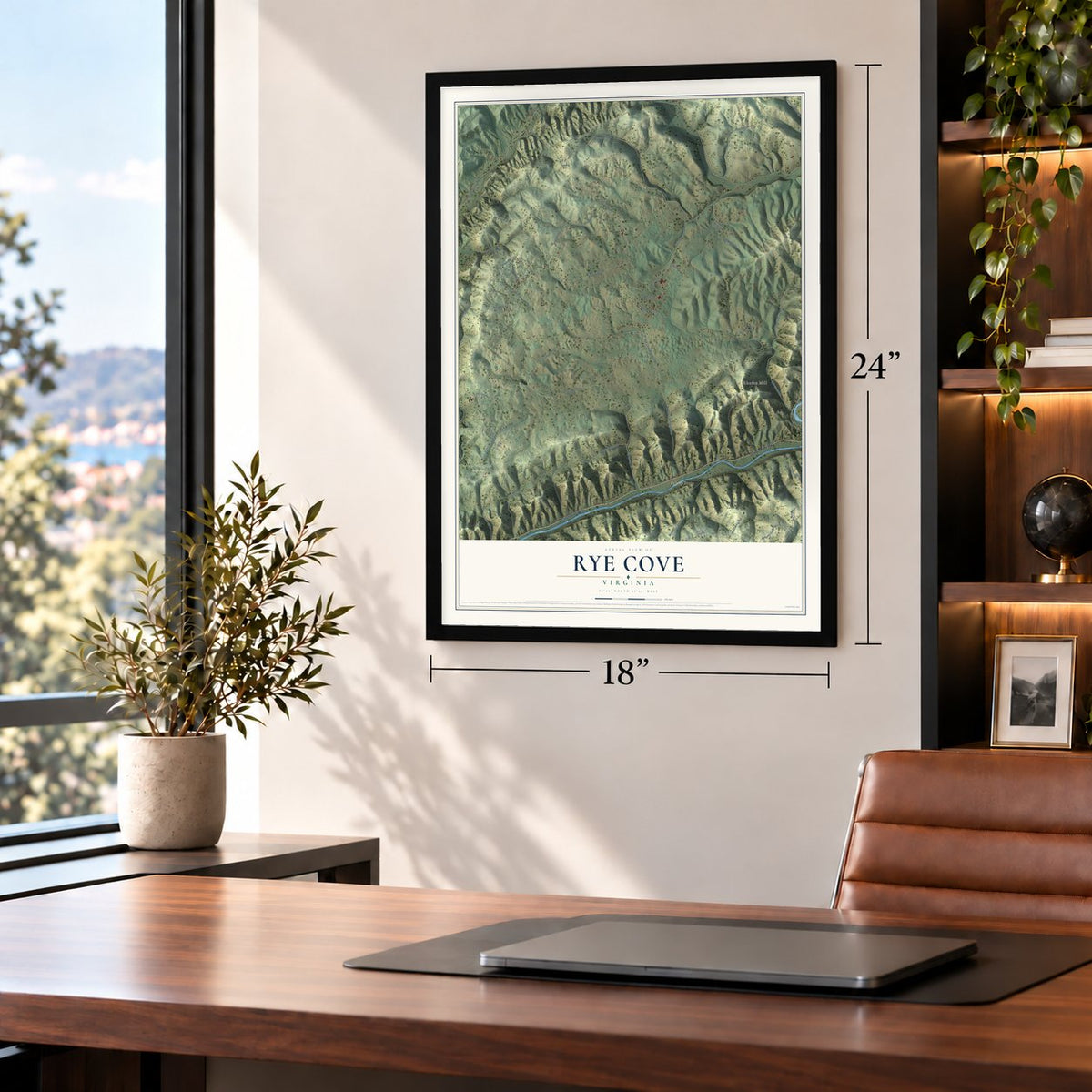 Rye Cove, Virginia map, 18 x 24 inch print in a black frame in a home office