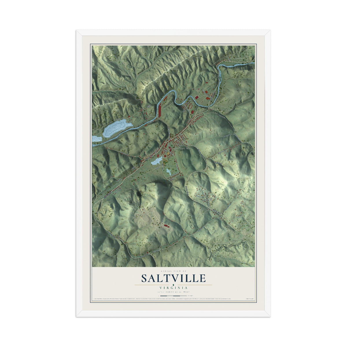 Map of Saltville, Virginia, 12 x 18 inch print in a white wood frame