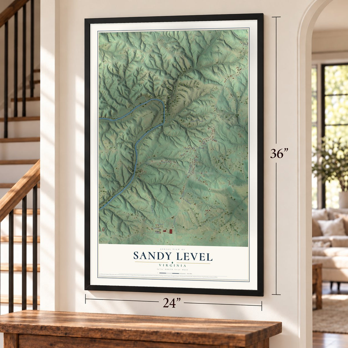 Sandy Level, Virginia map, 24 x 36 inch print in a black frame by a staircase