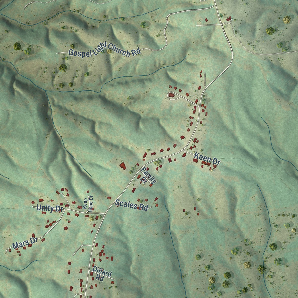 Close-up of the map of Sandy Level, Virginia print showing street and building detail