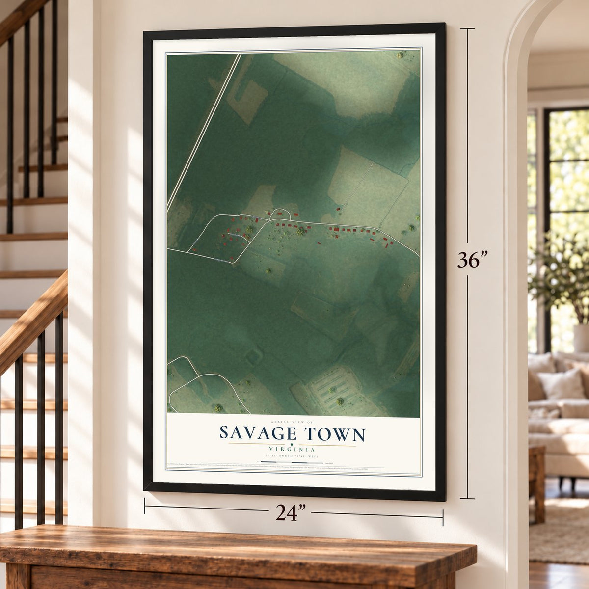 Savage Town, Virginia map, 24 x 36 inch print in a black frame by a staircase