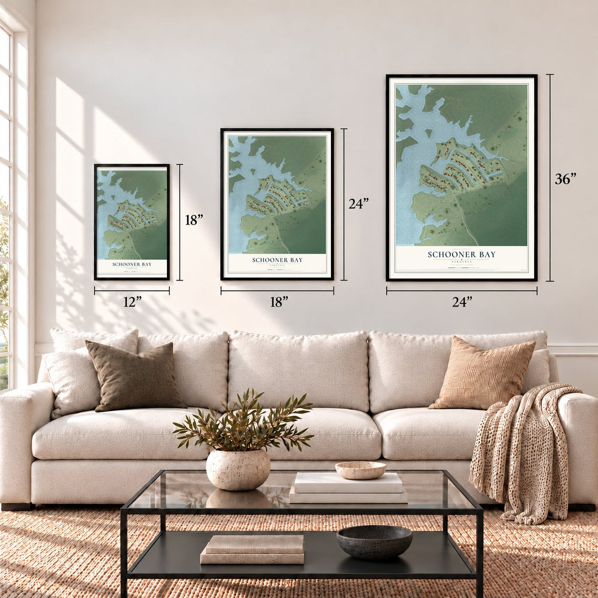 Schooner Bay, Virginia map in 12 x 18, 18 x 24 and 24 x 36 inch sizes above a sofa