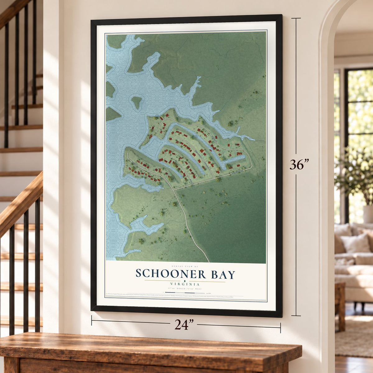 Schooner Bay, Virginia map, 24 x 36 inch print in a black frame by a staircase