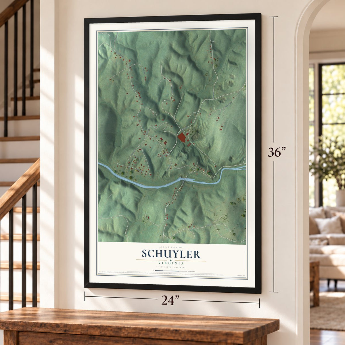 Schuyler, Virginia map, 24 x 36 inch print in a black frame by a staircase