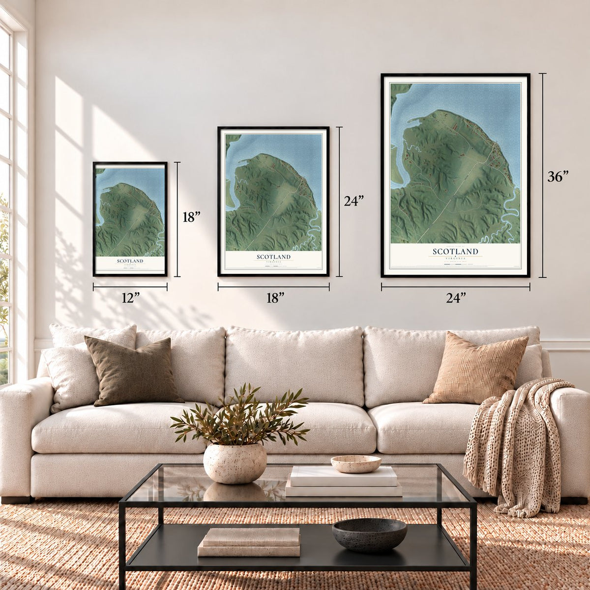 Scotland, Virginia map in 12 x 18, 18 x 24 and 24 x 36 inch sizes above a sofa
