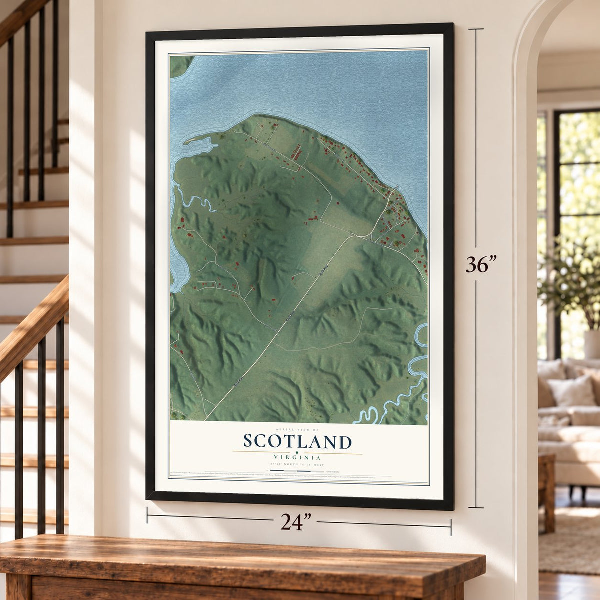Scotland, Virginia map, 24 x 36 inch print in a black frame by a staircase