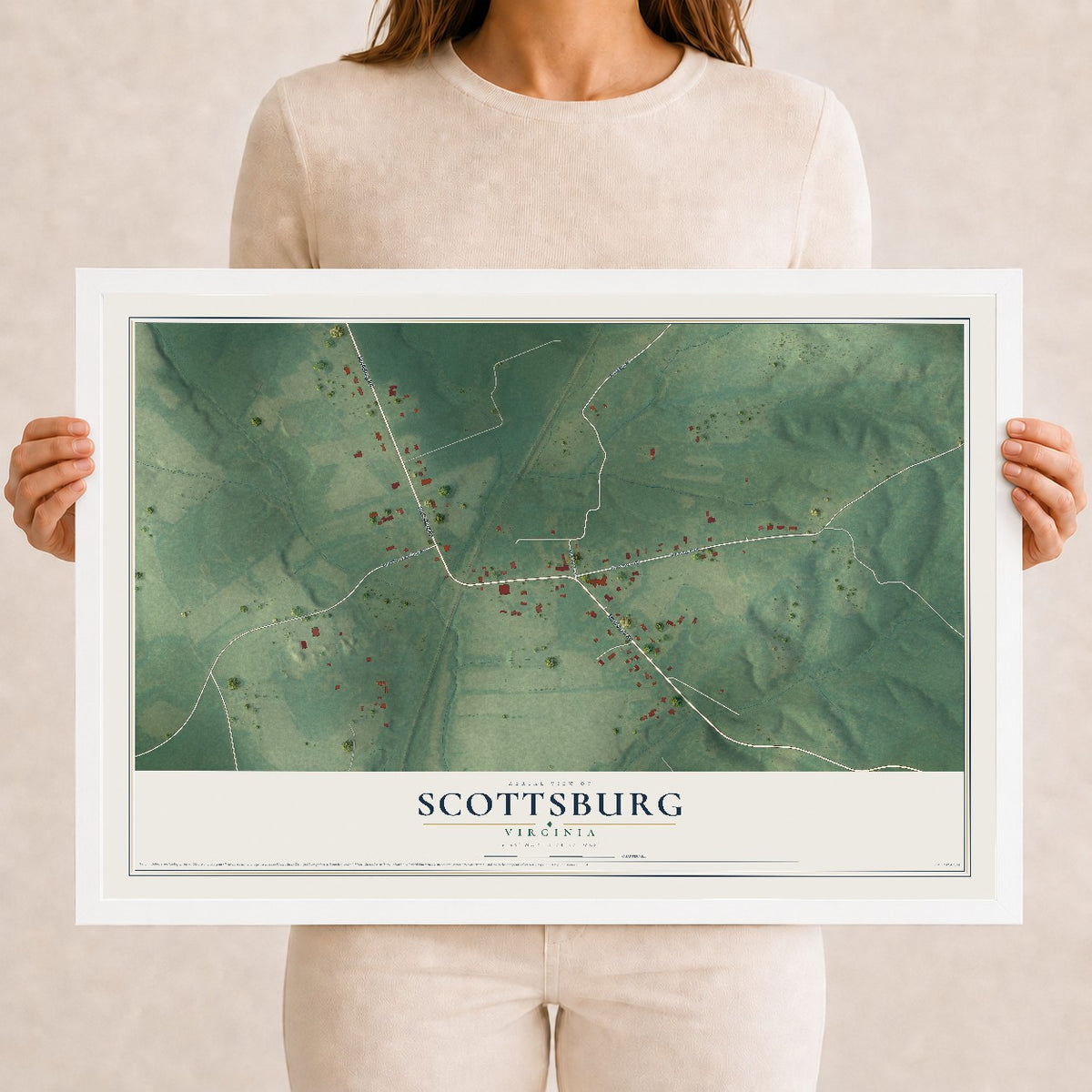 Map of Scottsburg, Virginia, 12 x 18 inch print in a white wood frame