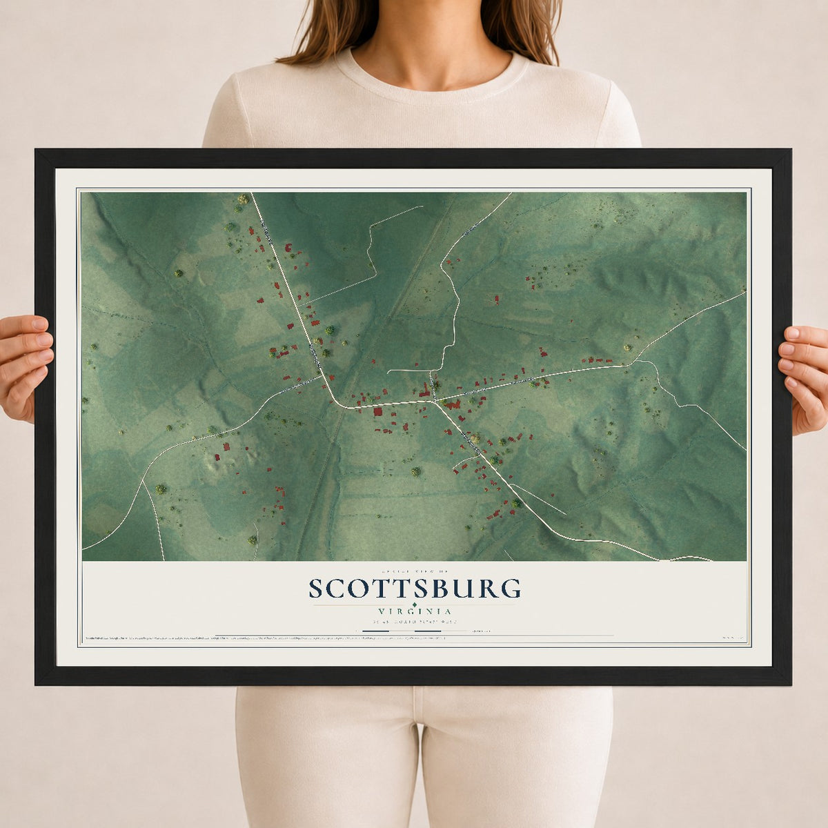 Map of Scottsburg, Virginia, 18 x 24 inch print in a black wood frame