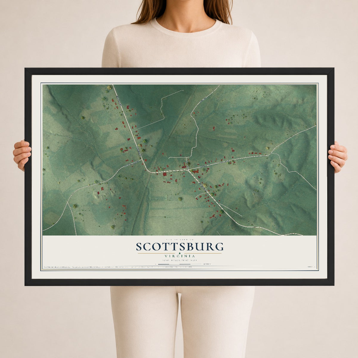 Map of Scottsburg, Virginia, 24 x 36 inch print in a black wood frame