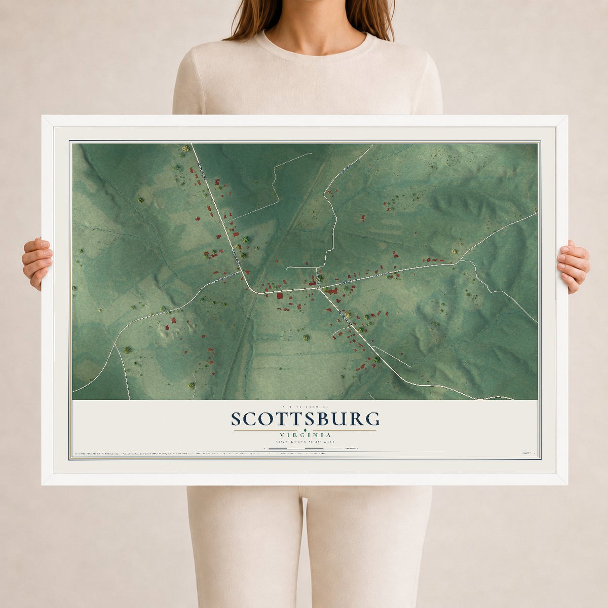 Map of Scottsburg, Virginia, 24 x 36 inch print in a white wood frame
