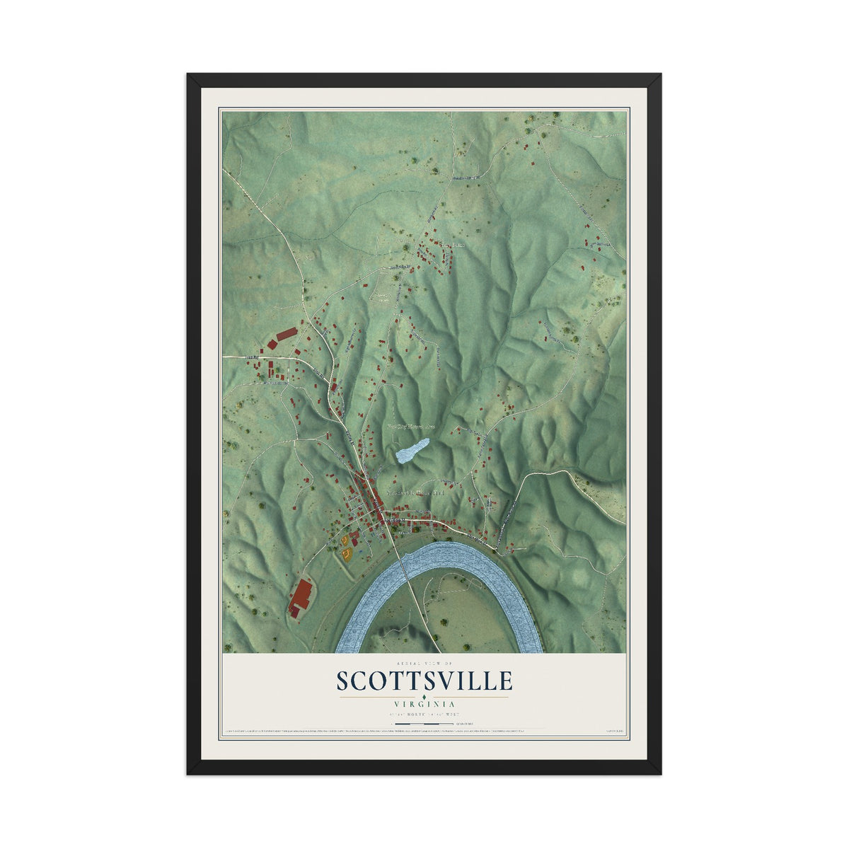 Map of Scottsville, Virginia, 12 x 18 inch print in a black wood frame