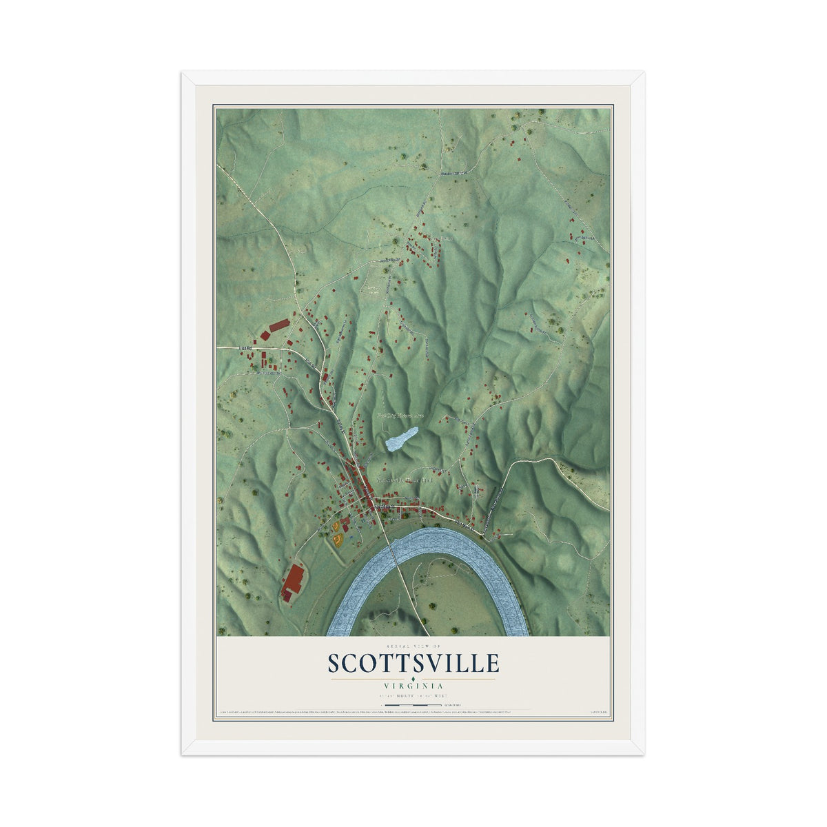 Map of Scottsville, Virginia, 12 x 18 inch print in a white wood frame