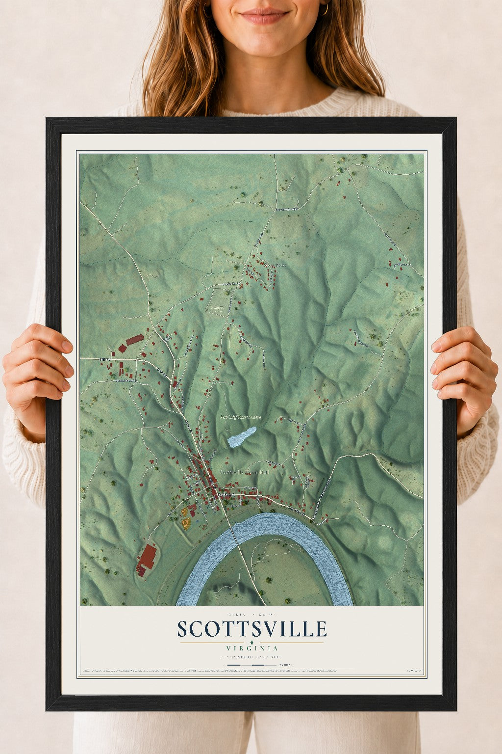 Map of Scottsville, Virginia, 18 x 24 inch print in a black wood frame
