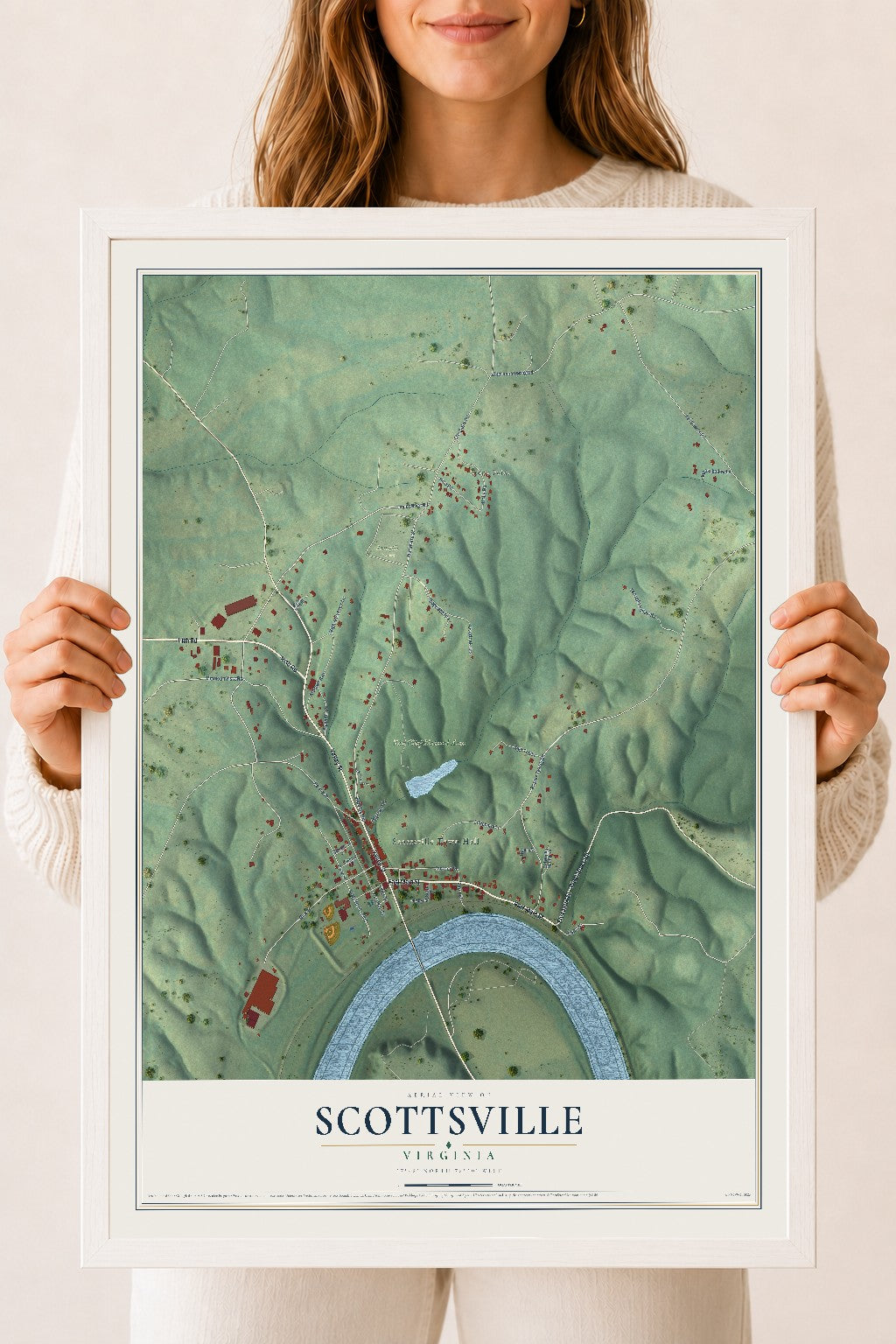 Map of Scottsville, Virginia, 18 x 24 inch print in a white wood frame