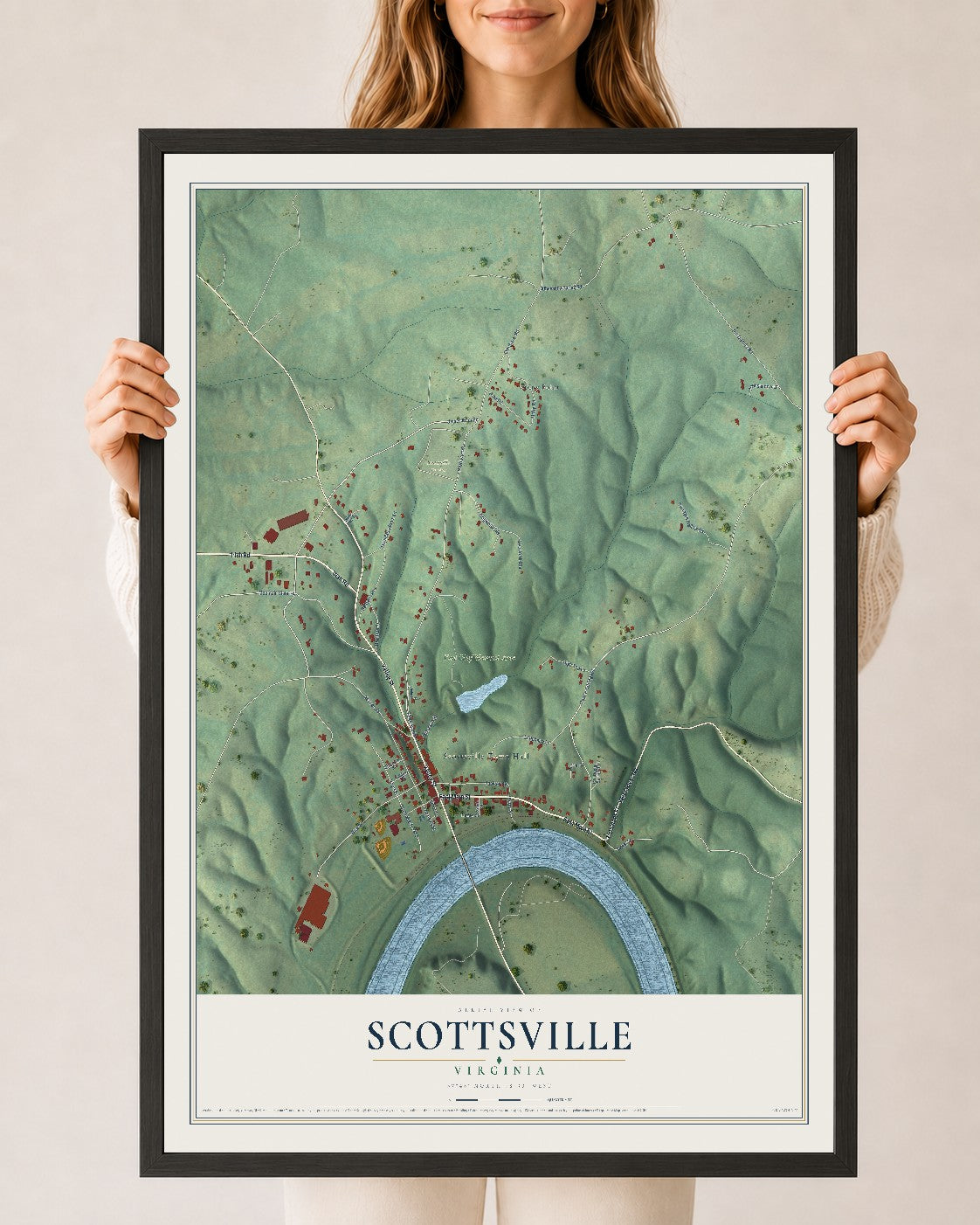 Map of Scottsville, Virginia, 24 x 36 inch print in a black wood frame