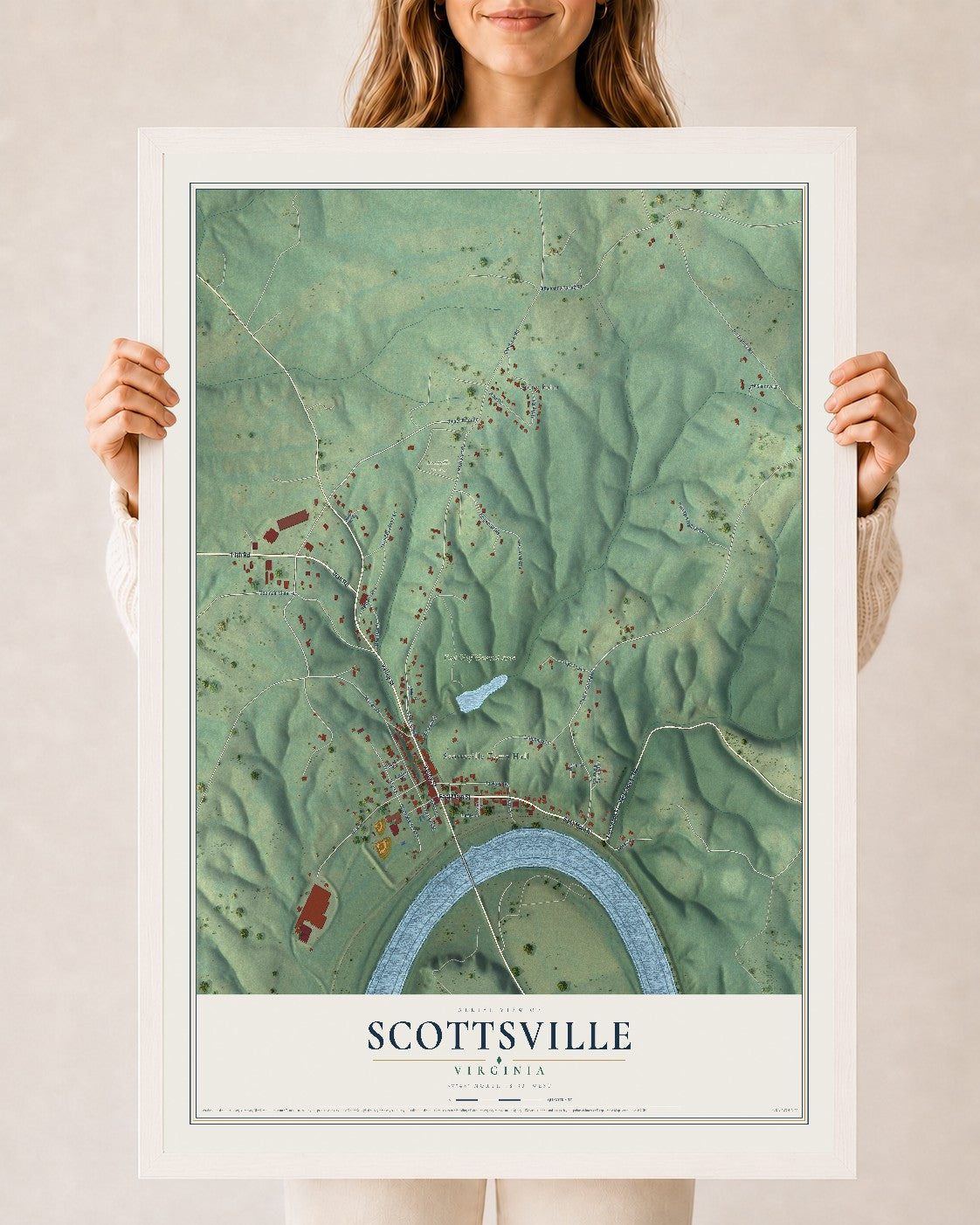 Map of Scottsville, Virginia, 24 x 36 inch print in a white wood frame