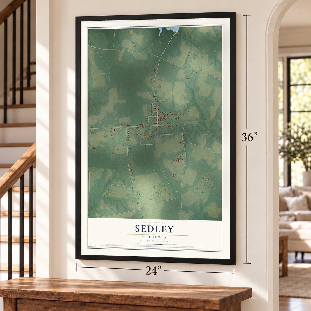 Sedley, Virginia map, 24 x 36 inch print in a black frame by a staircase