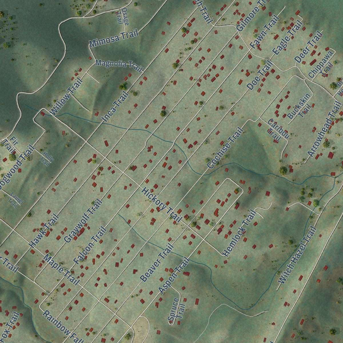 Close-up of the map of Shawneeland, Virginia print showing street and building detail