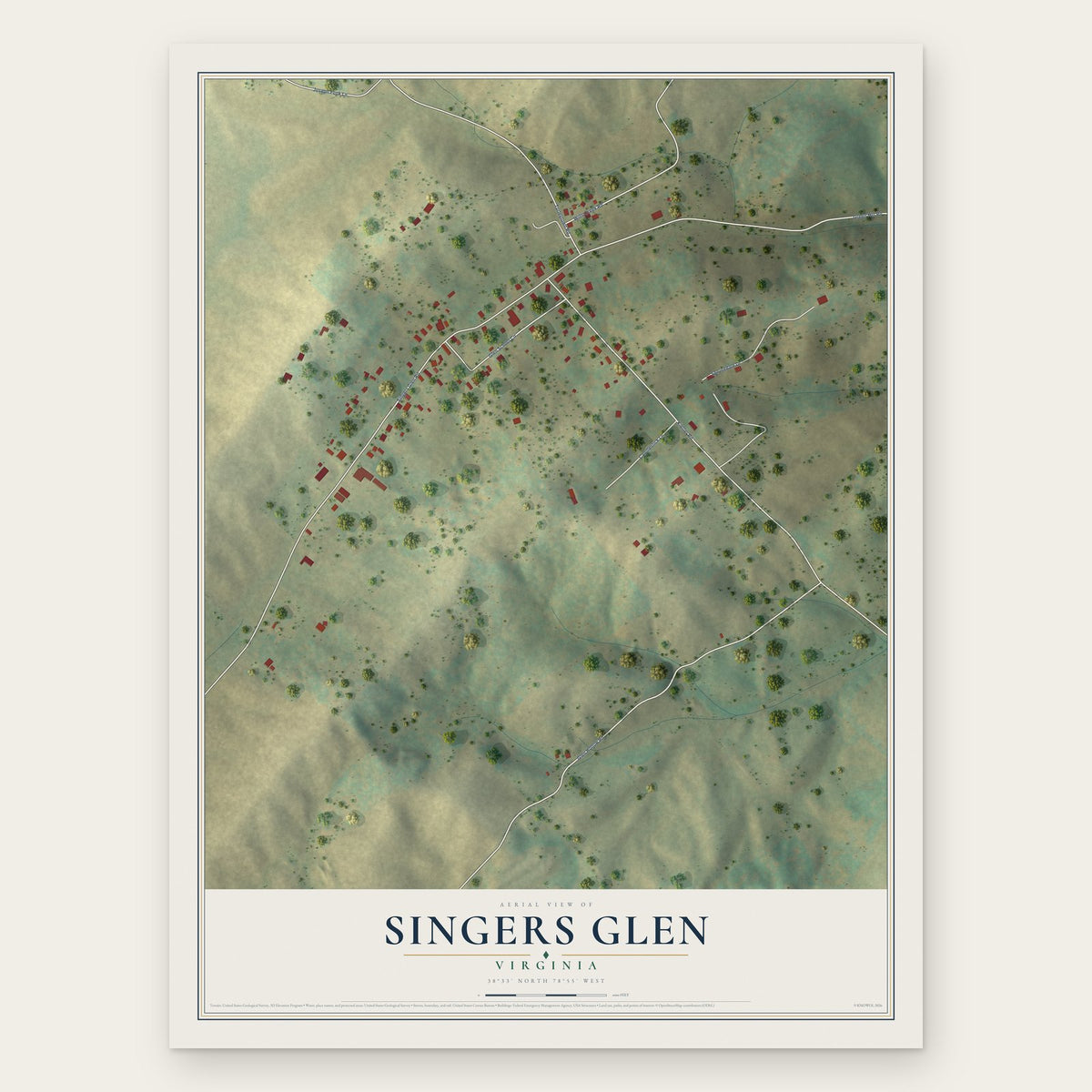 Singers Glen, Virginia map print, the full design