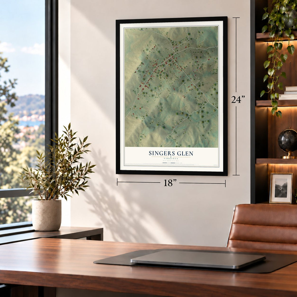 Singers Glen, Virginia map, 18 x 24 inch print in a black frame in a home office