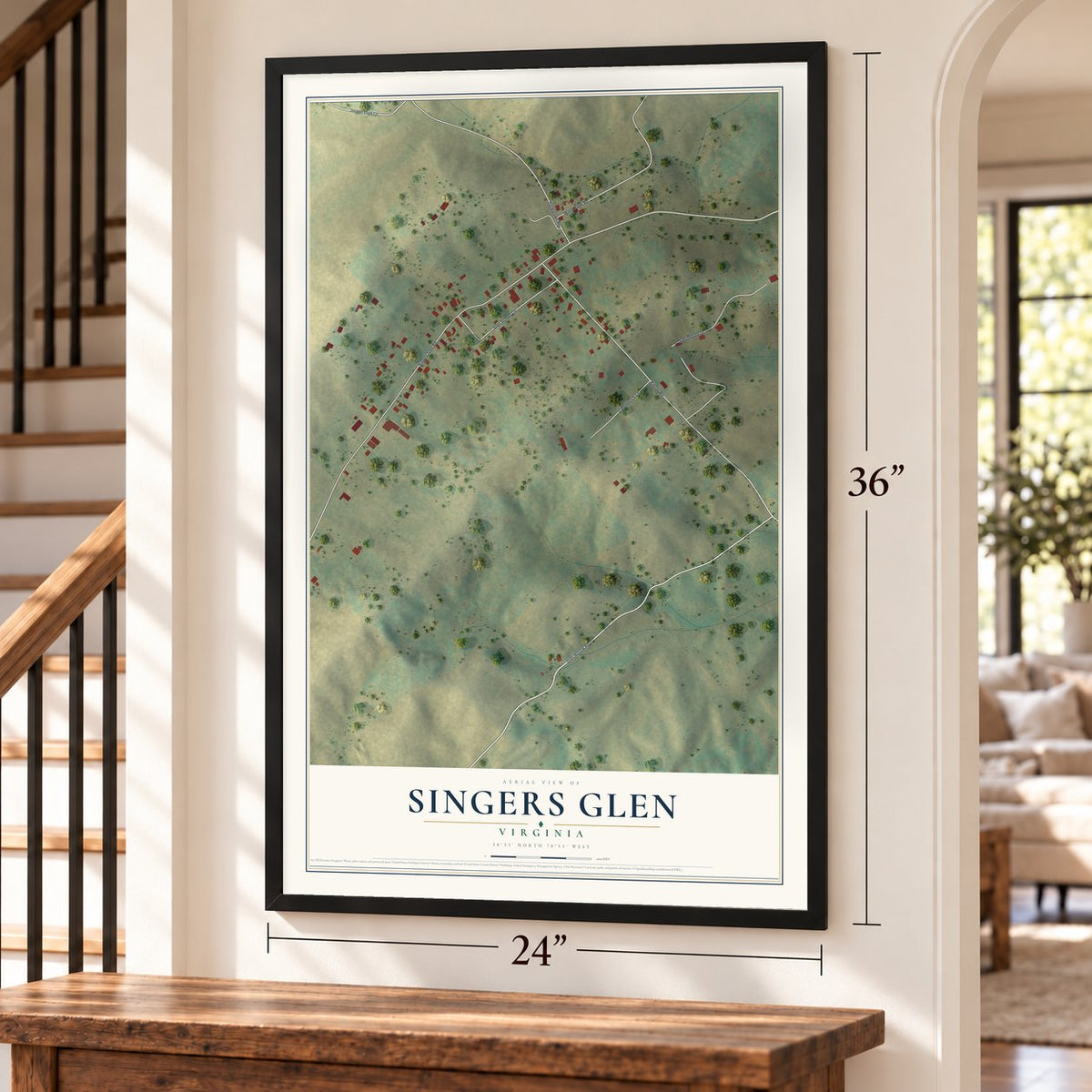 Singers Glen, Virginia map, 24 x 36 inch print in a black frame by a staircase