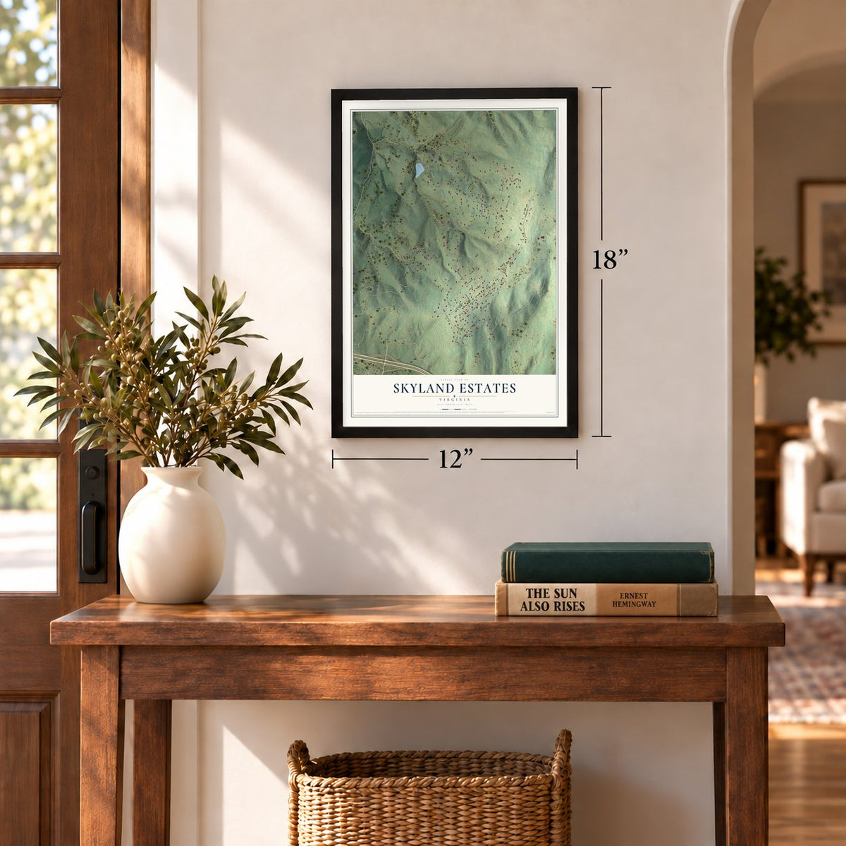 Skyland Estates, Virginia map, 12 x 18 inch print in a black frame in an entryway