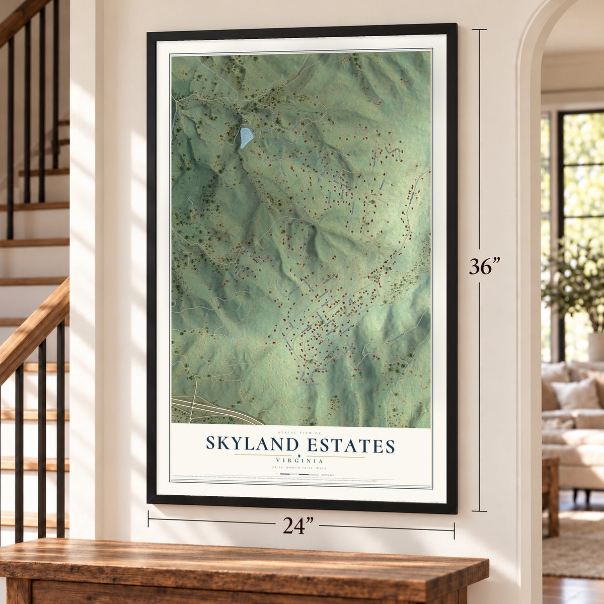 Skyland Estates, Virginia map, 24 x 36 inch print in a black frame by a staircase