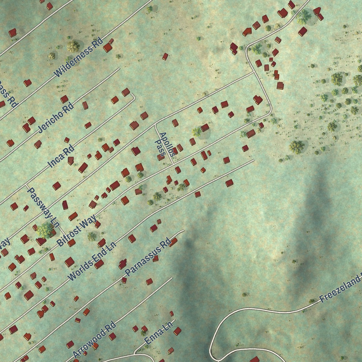 Close-up of the map of Skyland Estates, Virginia print showing street and building detail