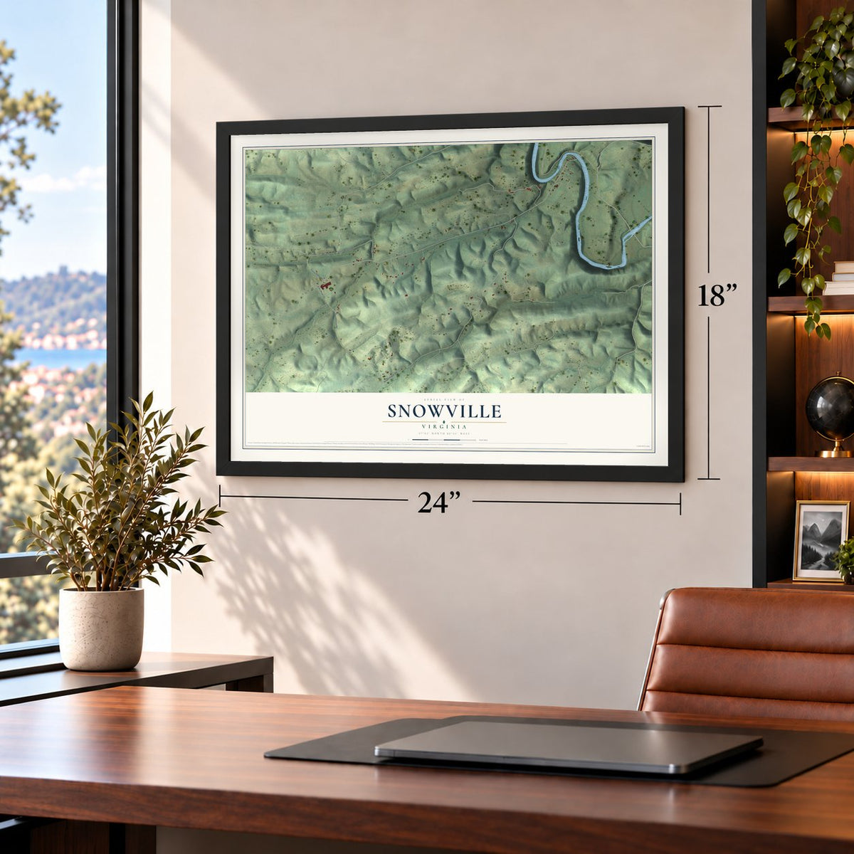 Snowville, Virginia map, 18 x 24 inch print in a black frame in a home office