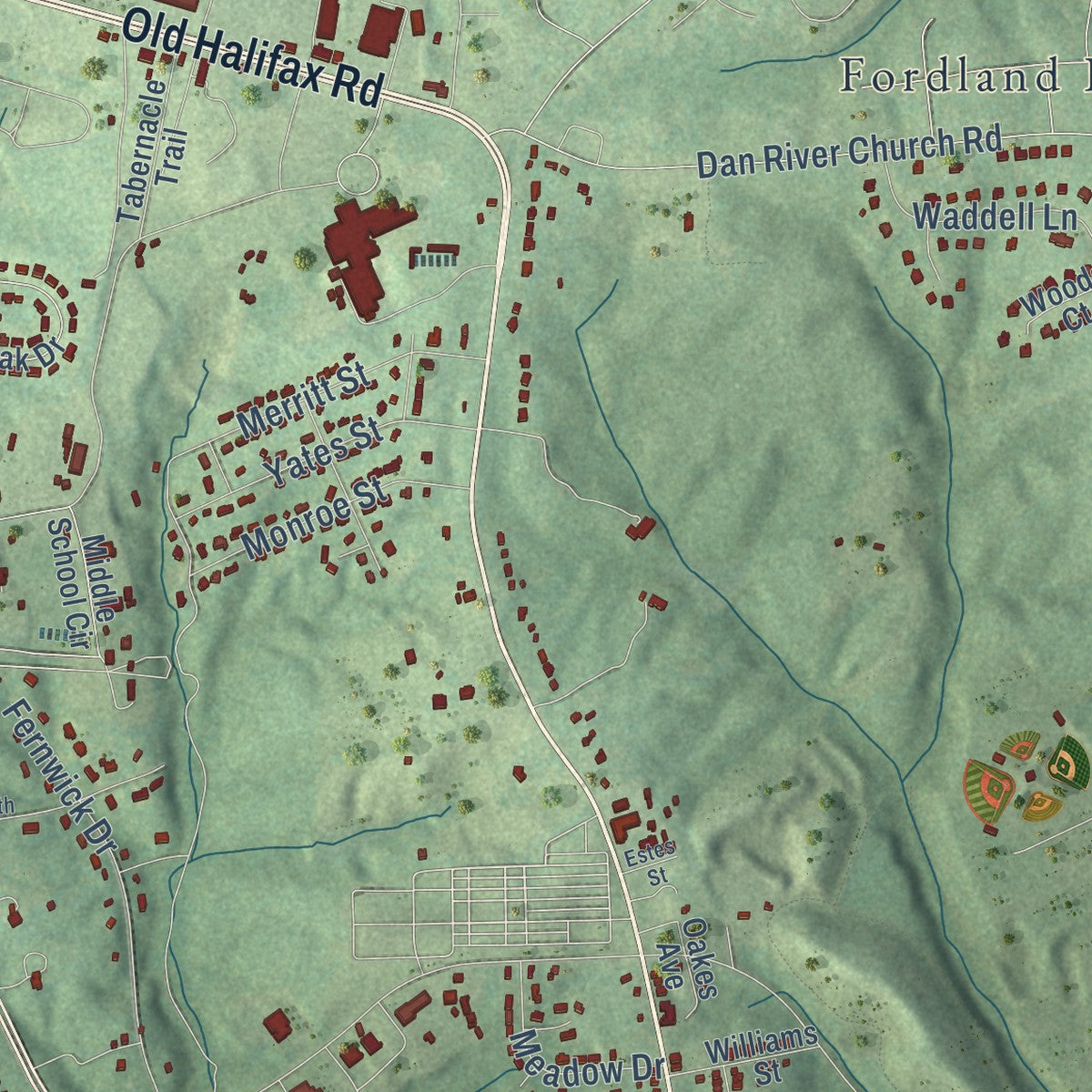 Second close-up of the map of South Boston, Virginia print showing more streets and buildings