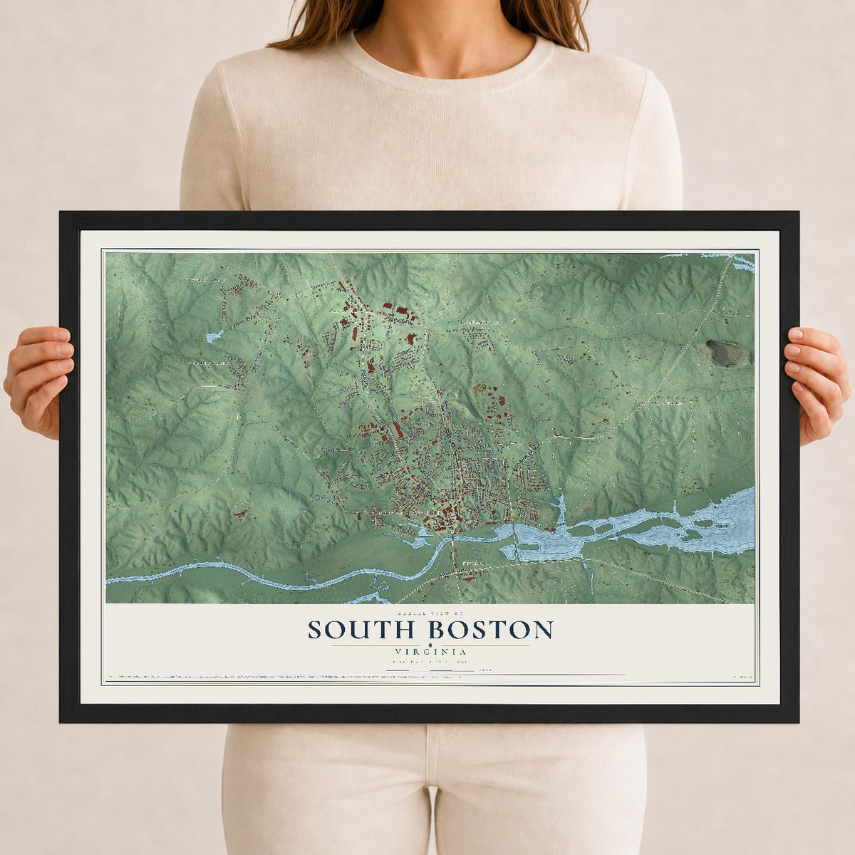 Map of South Boston, Virginia, 12 x 18 inch print in a black wood frame