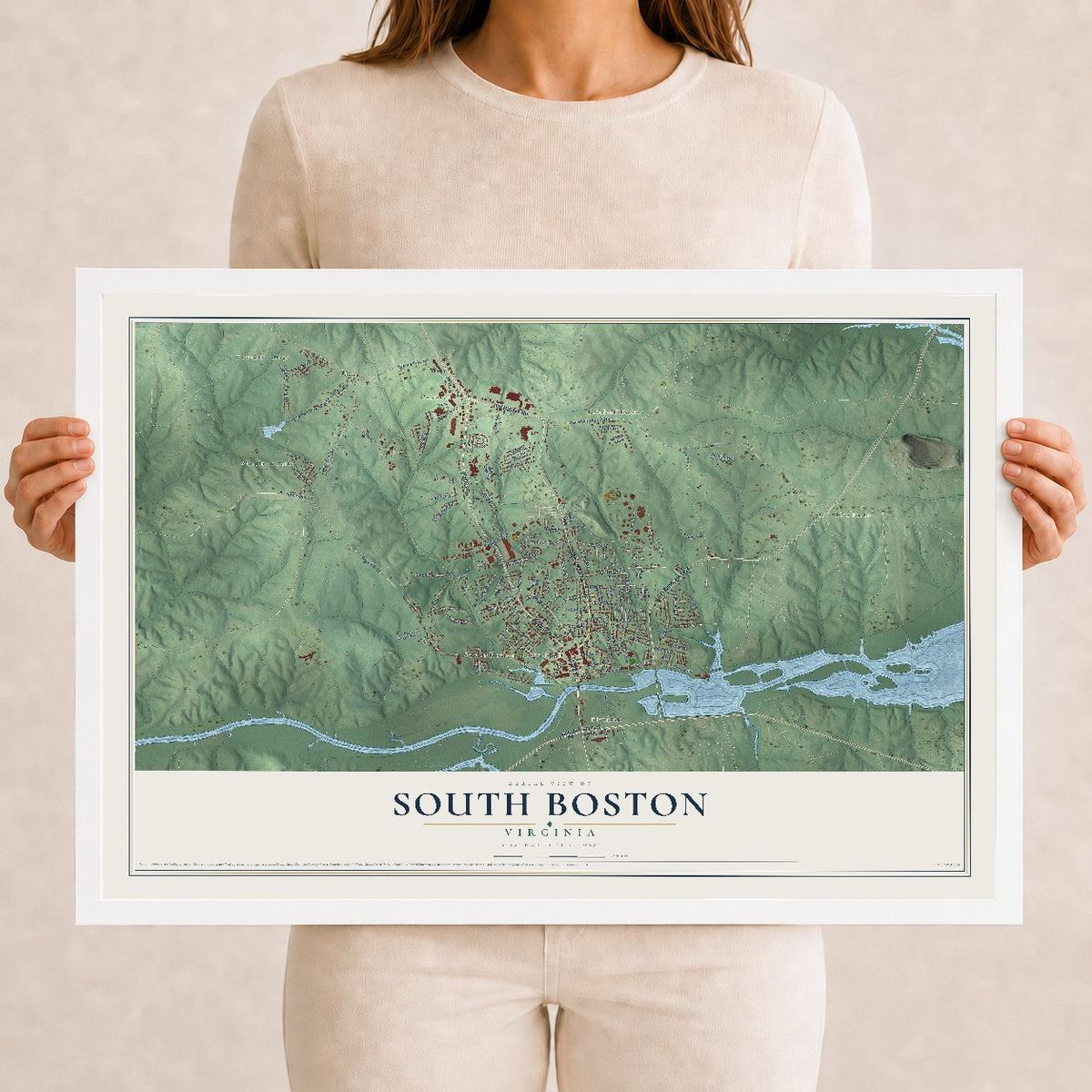 Map of South Boston, Virginia, 12 x 18 inch print in a white wood frame
