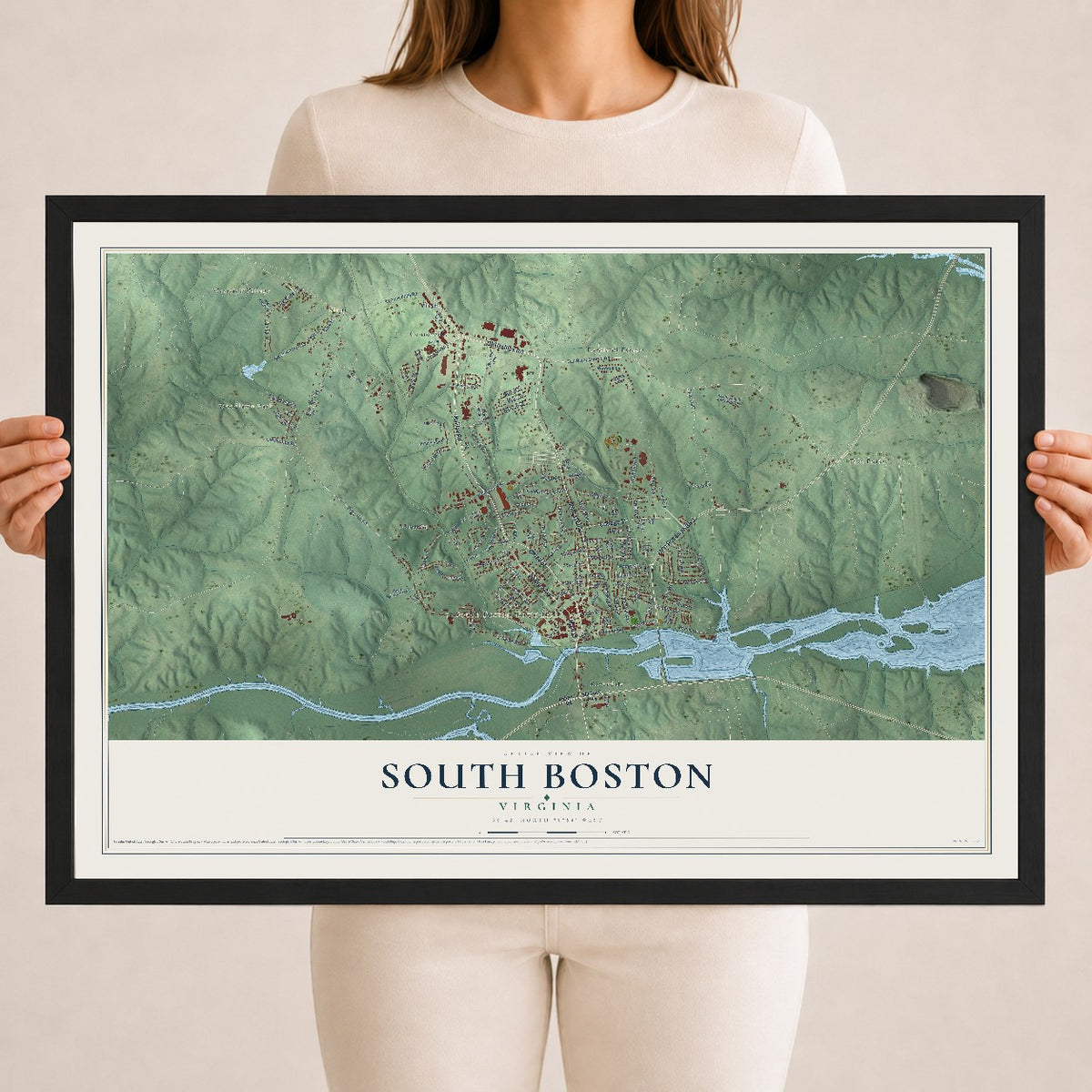 Map of South Boston, Virginia, 18 x 24 inch print in a black wood frame