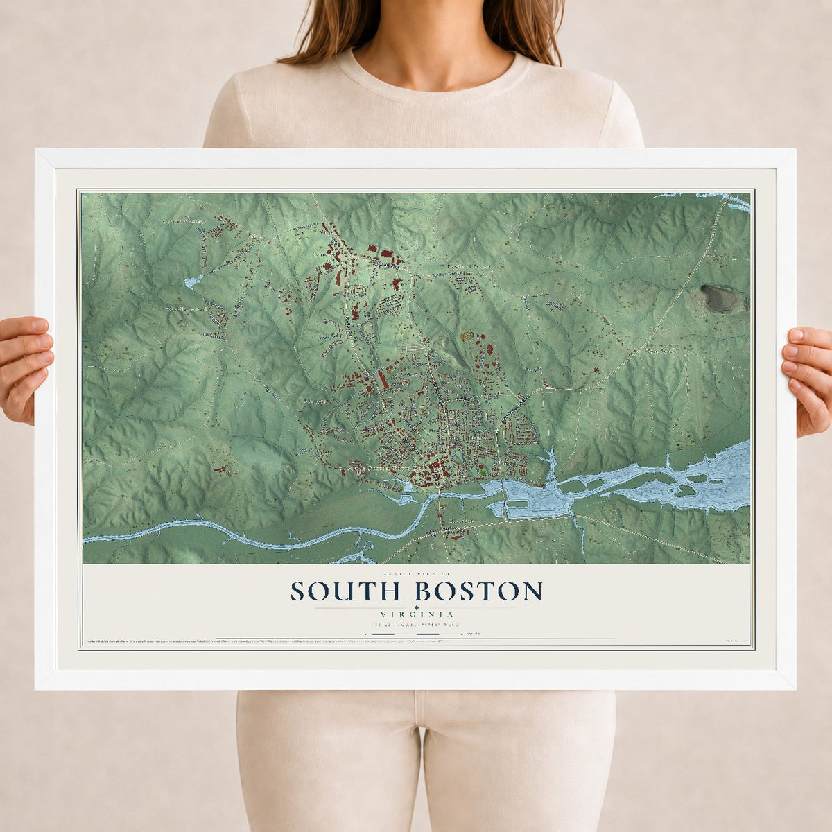 Map of South Boston, Virginia, 18 x 24 inch print in a white wood frame