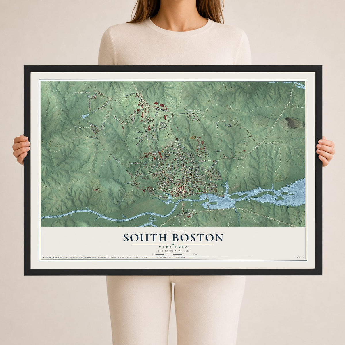 Map of South Boston, Virginia, 24 x 36 inch print in a black wood frame