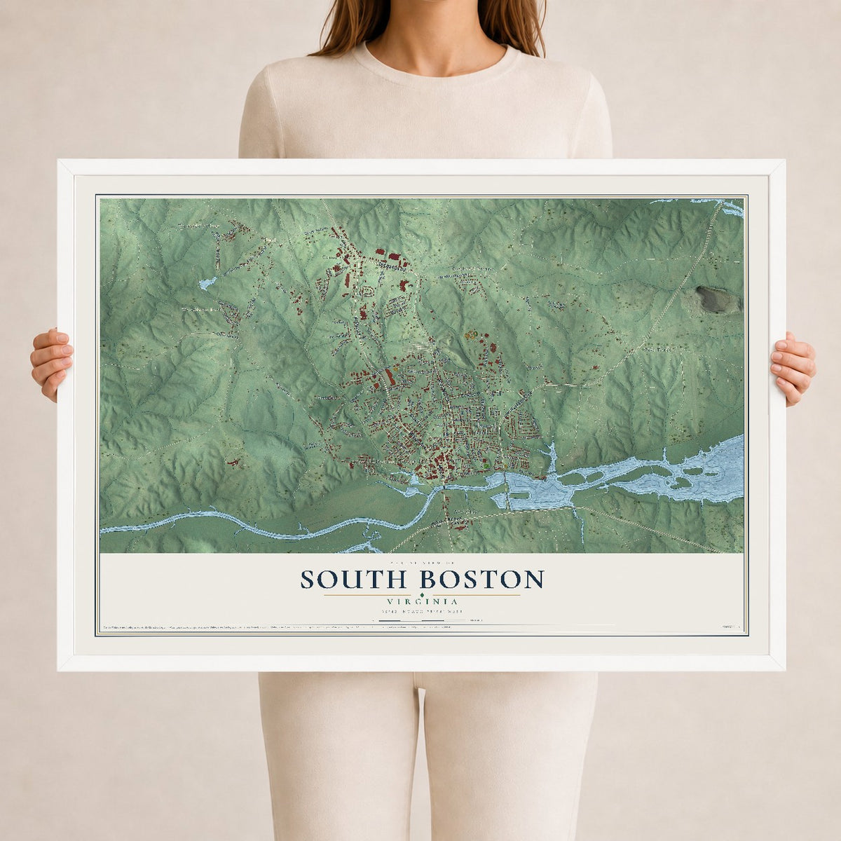 Map of South Boston, Virginia, 24 x 36 inch print in a white wood frame