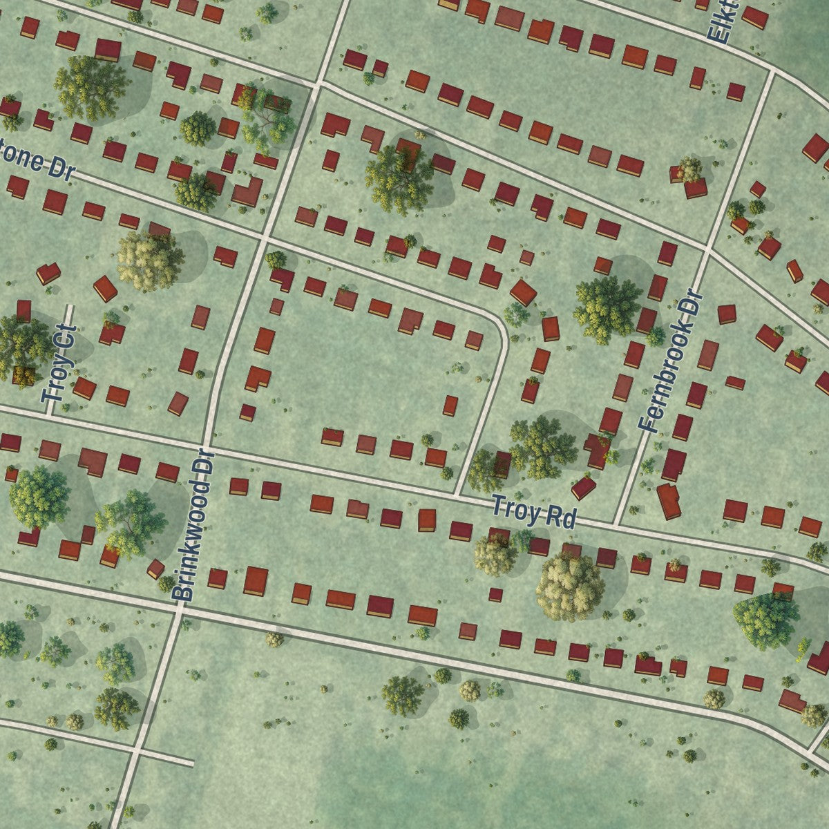 Close-up of the map of South Garden, Virginia print showing street and building detail