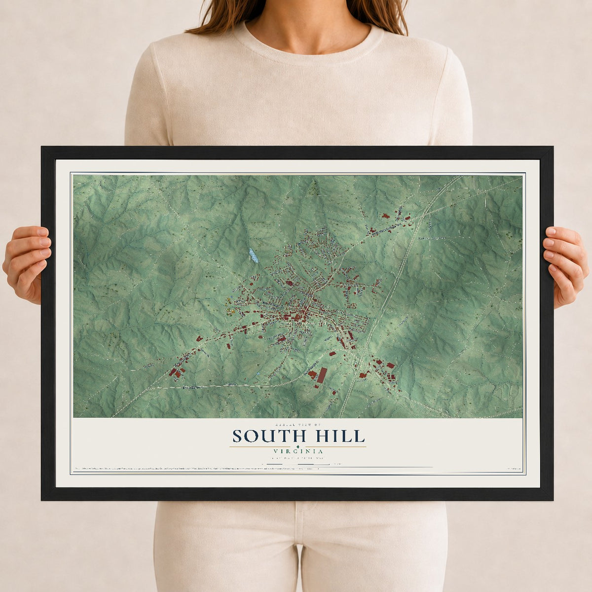 Map of South Hill, Virginia, 12 x 18 inch print in a black wood frame