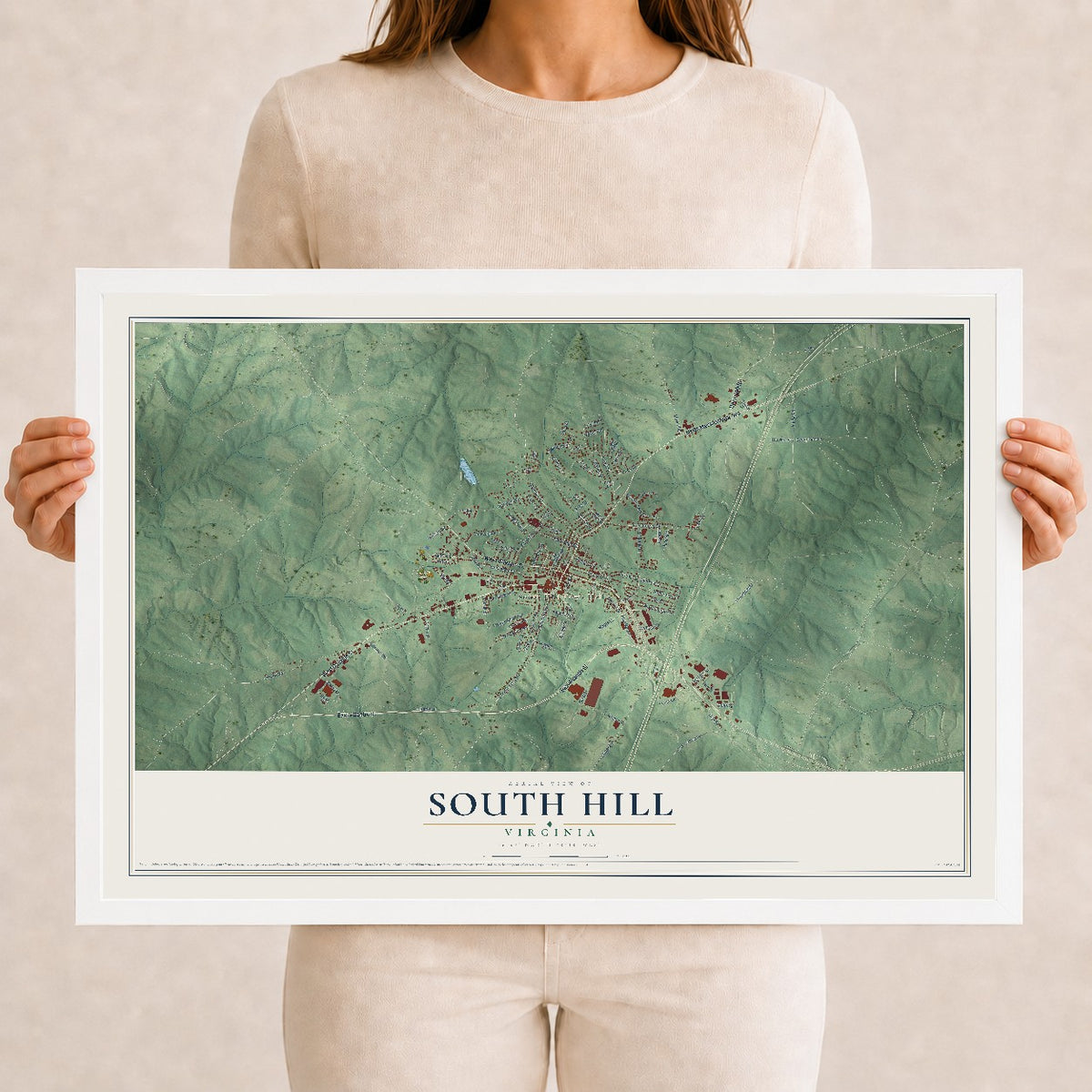 Map of South Hill, Virginia, 12 x 18 inch print in a white wood frame