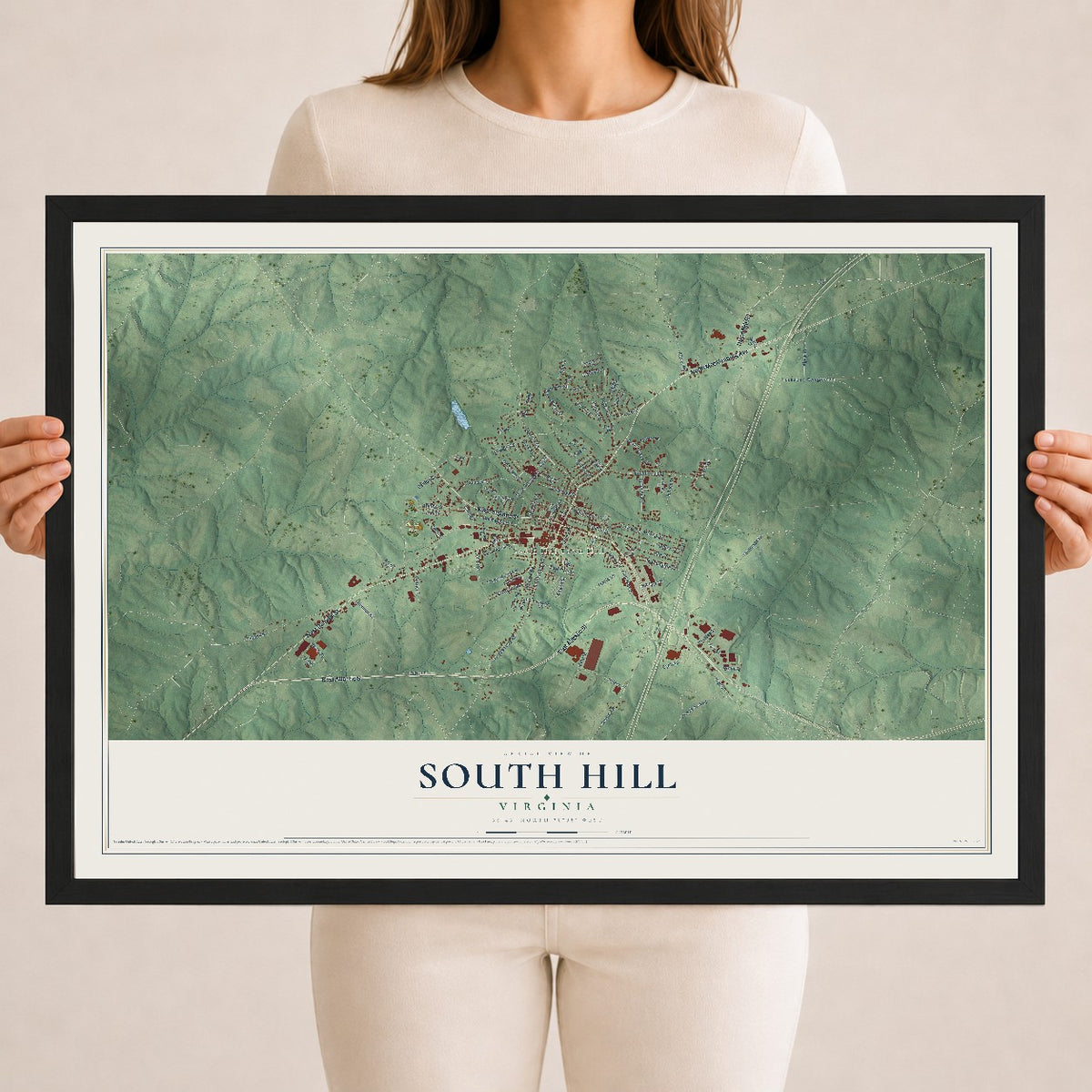 Map of South Hill, Virginia, 18 x 24 inch print in a black wood frame