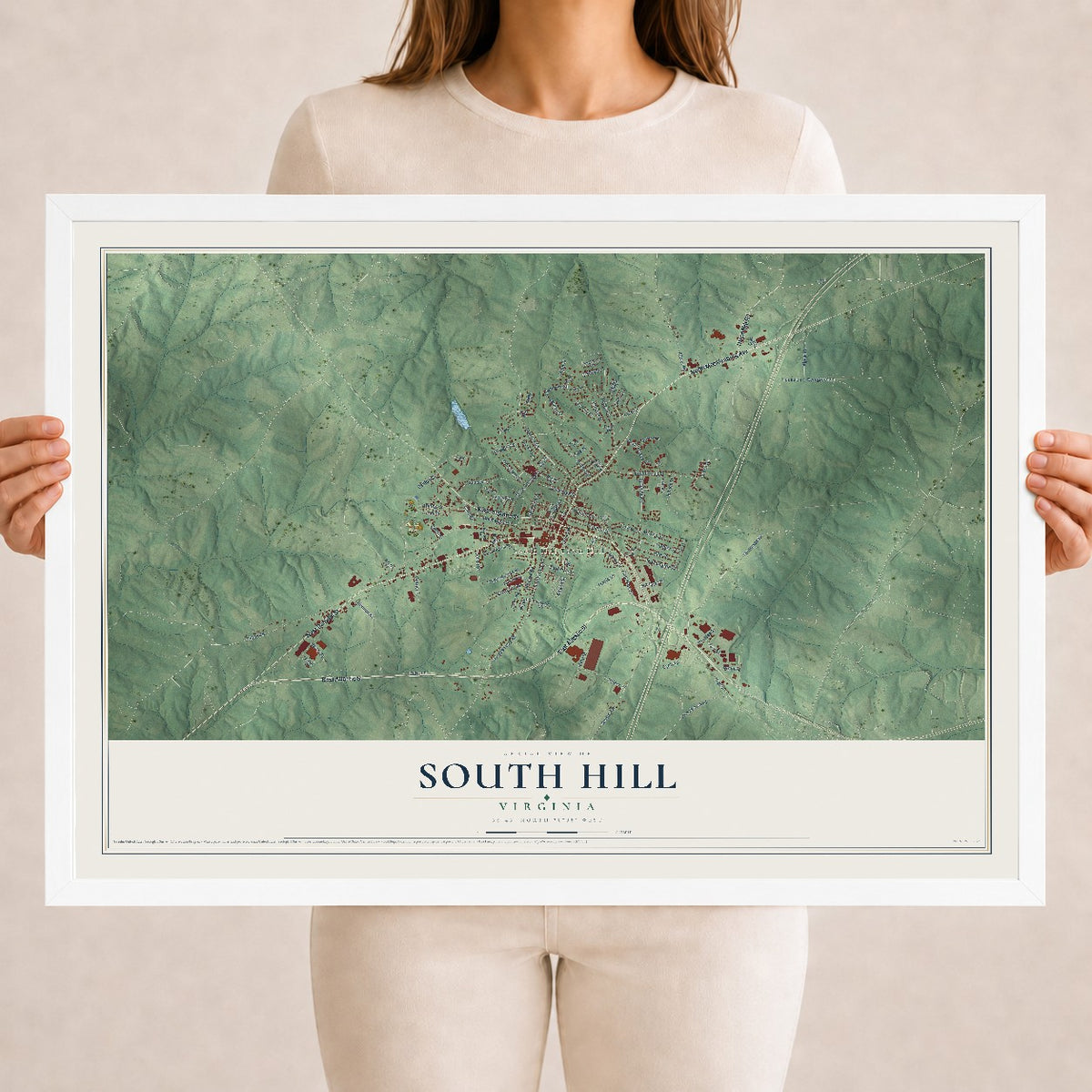 Map of South Hill, Virginia, 18 x 24 inch print in a white wood frame