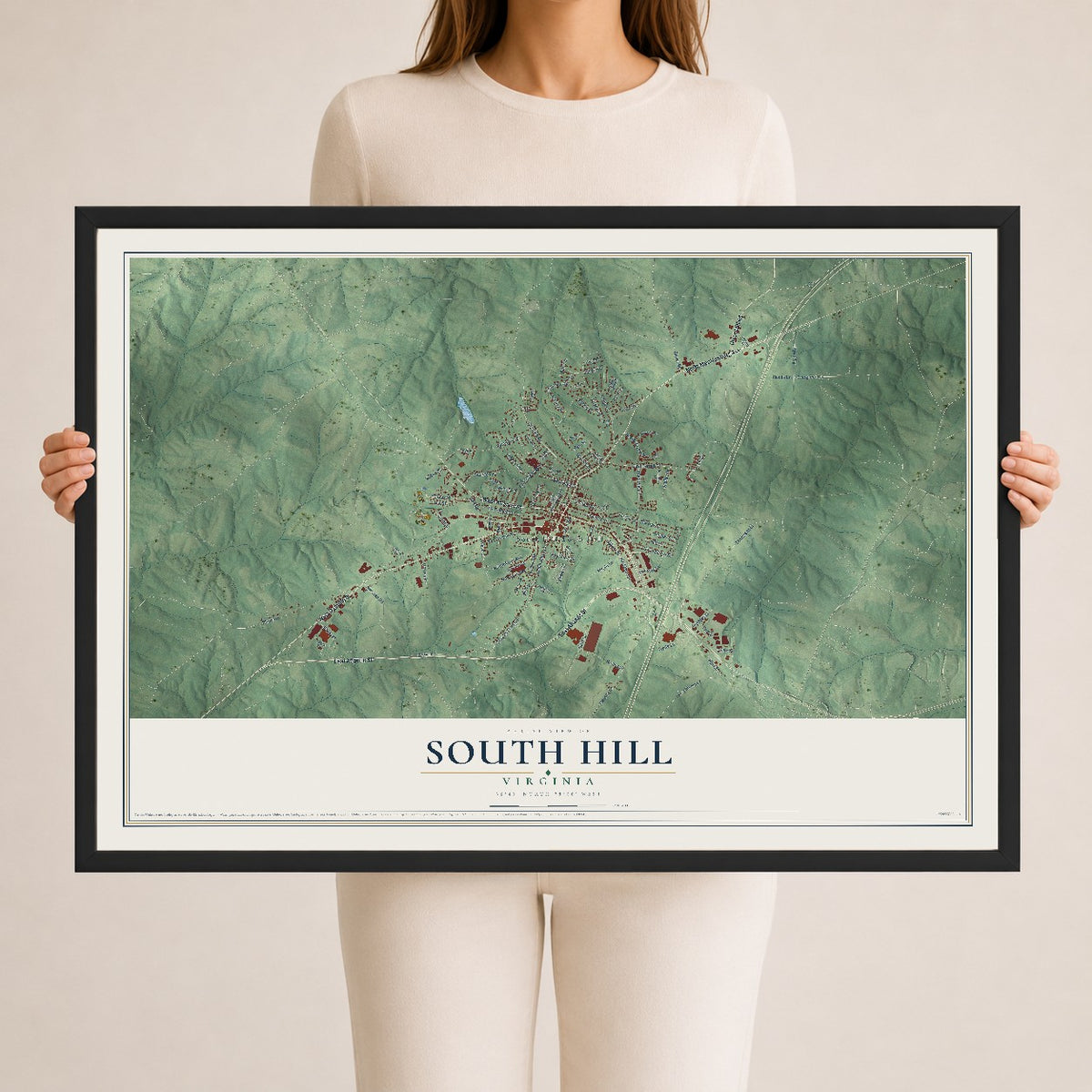 Map of South Hill, Virginia, 24 x 36 inch print in a black wood frame