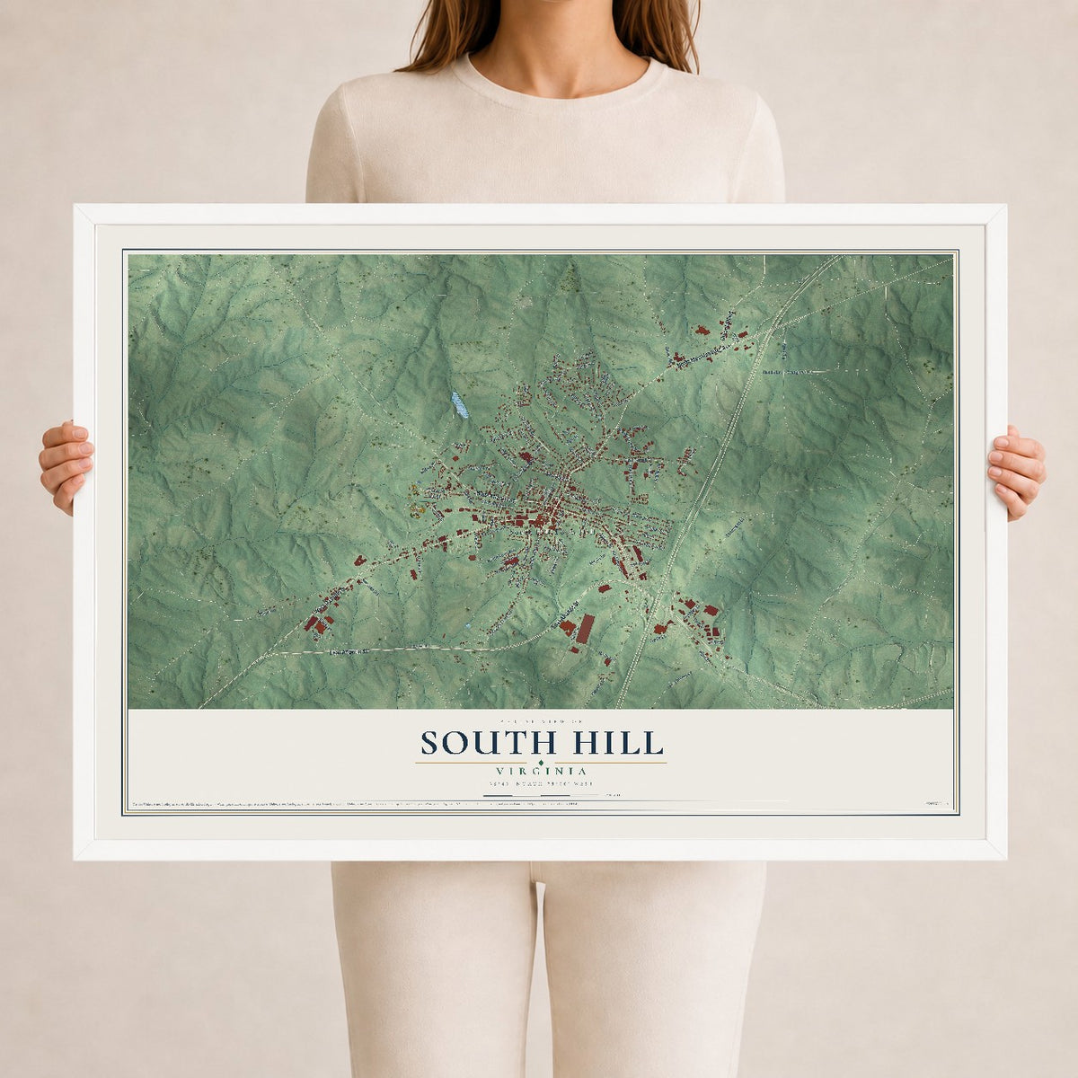 Map of South Hill, Virginia, 24 x 36 inch print in a white wood frame