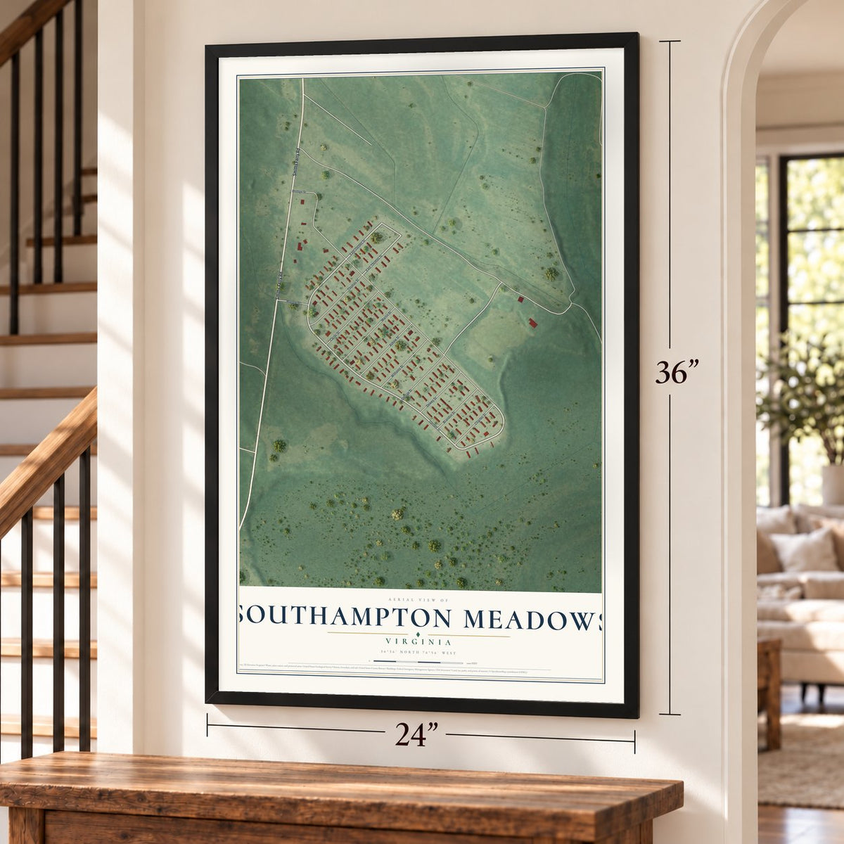 Southampton Meadows, Virginia map, 24 x 36 inch print in a black frame by a staircase