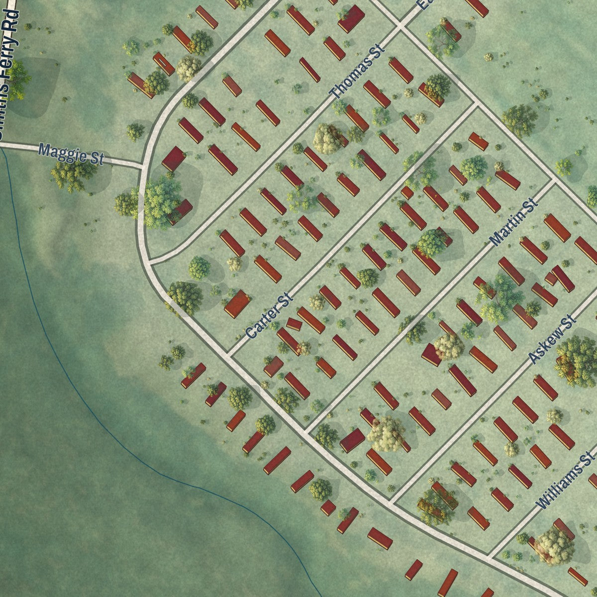 Close-up of the map of Southampton Meadows, Virginia print showing street and building detail