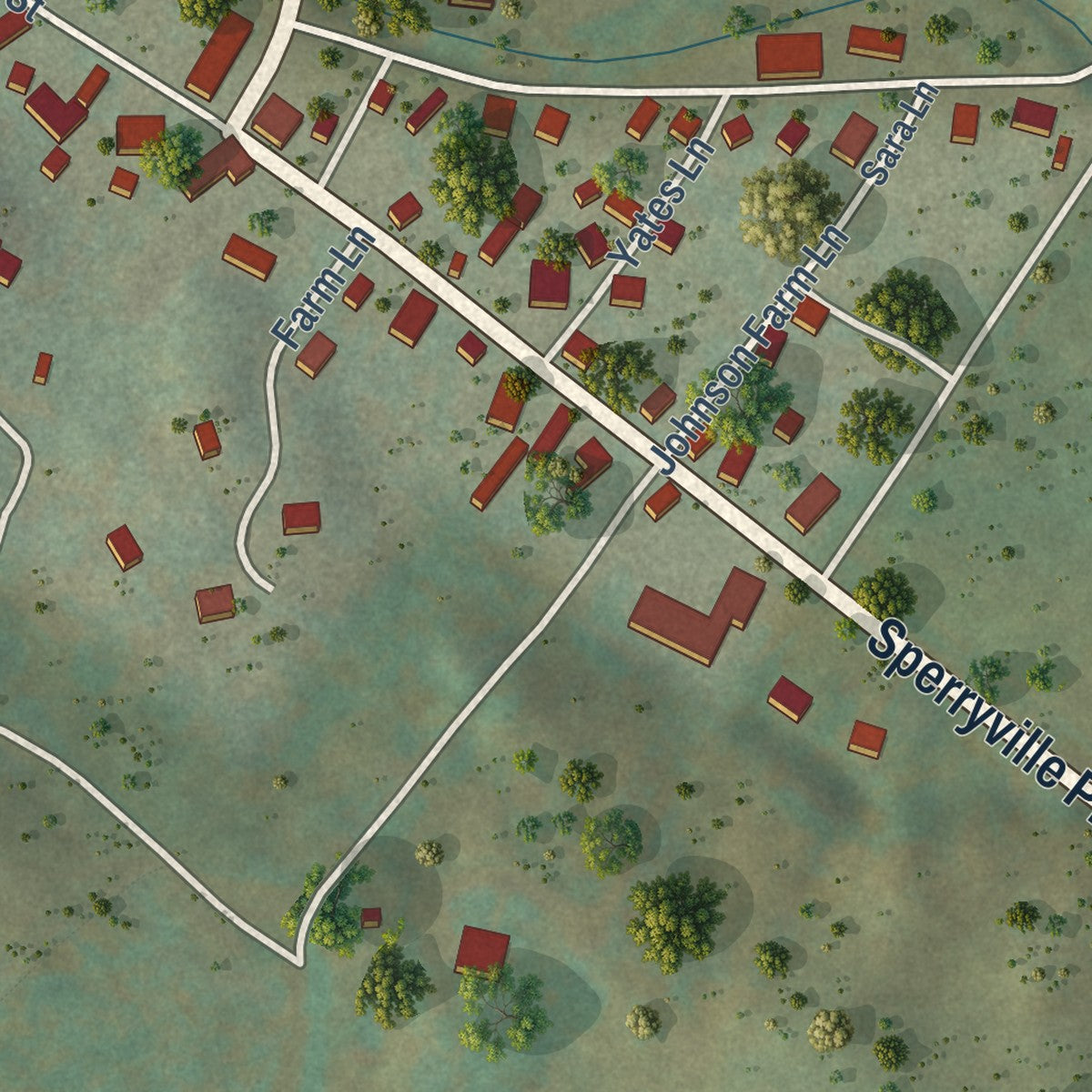 Close-up of the map of Sperryville, Virginia print showing street and building detail