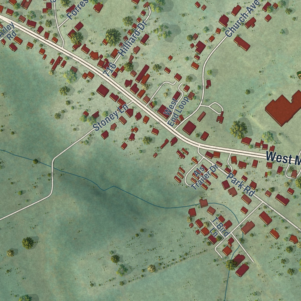 Second close-up of the map of Stanley, Virginia print showing more streets and buildings