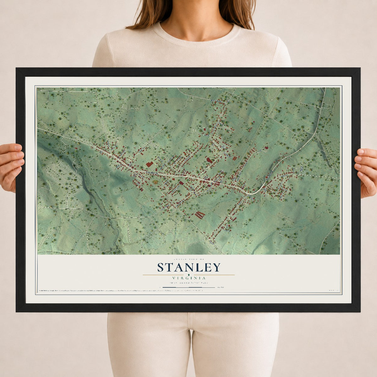 Map of Stanley, Virginia, 18 x 24 inch print in a black wood frame