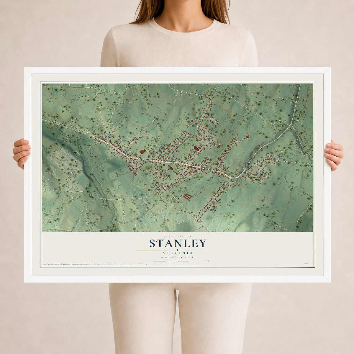 Map of Stanley, Virginia, 24 x 36 inch print in a white wood frame