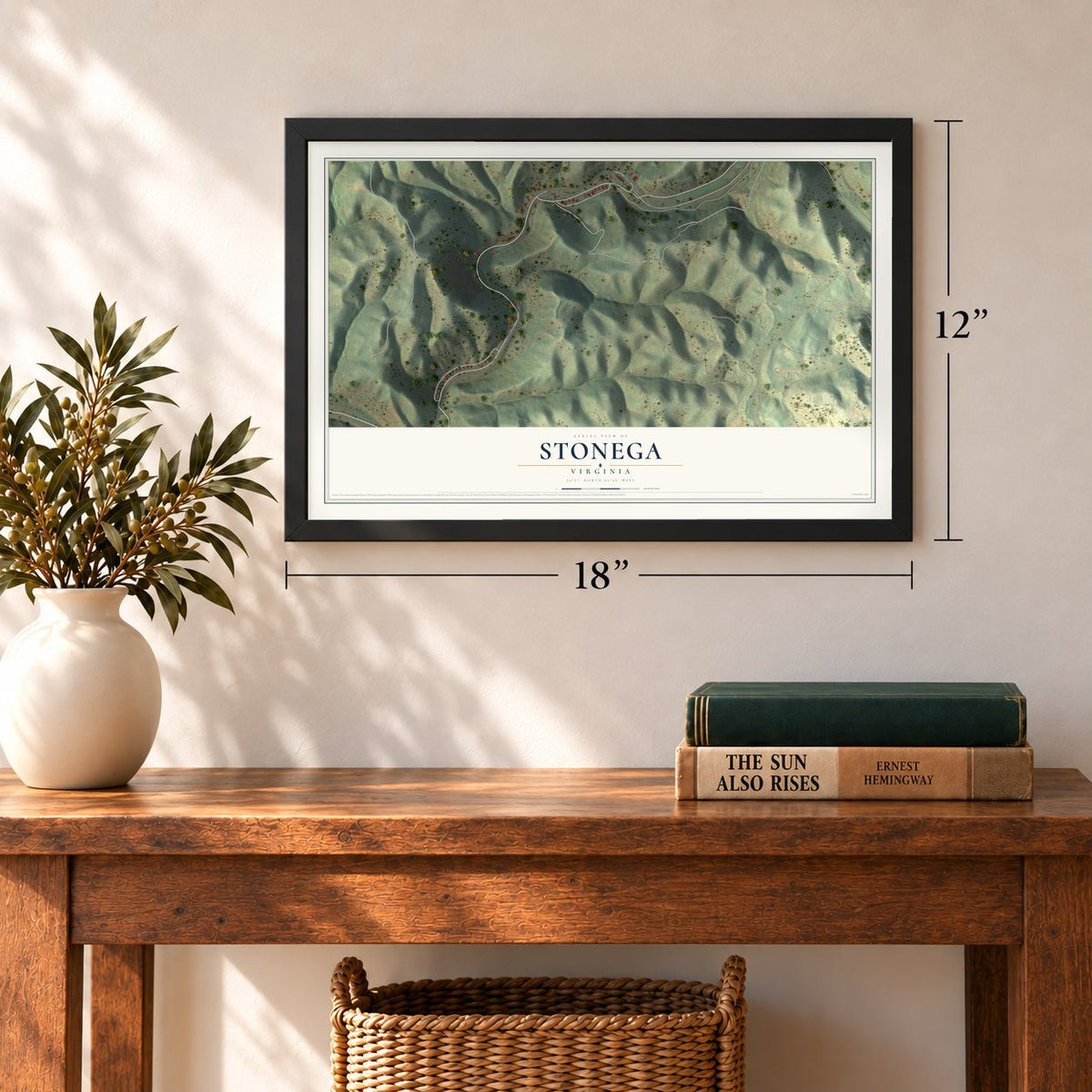 Stonega, Virginia map, 12 x 18 inch print in a black frame in an entryway